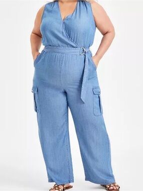 INC International Concepts Denim Look Jumpsuit 2X NWT Wide Leg Belted Romper